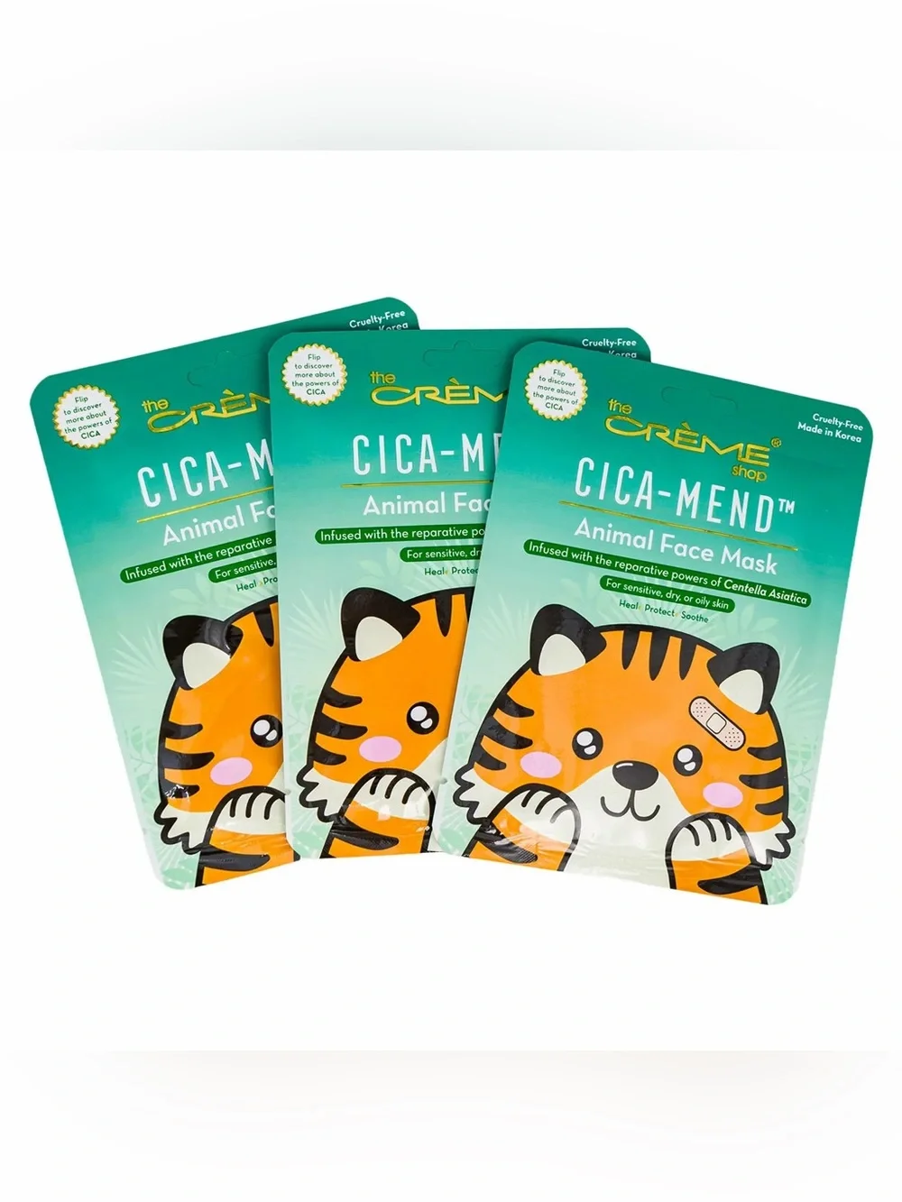 The Crème Shop Cica-Mend Animal Face Mask - Green & Orange Pack of 3 masks - Picture 2 of 5